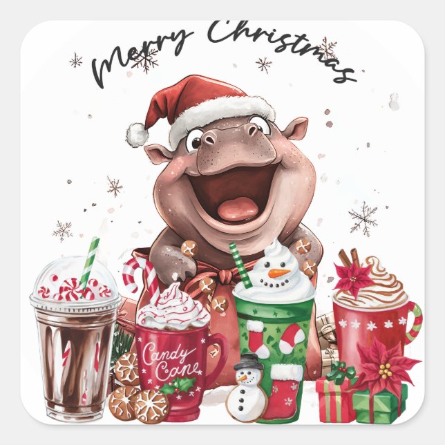Hippo Santa  Holiday Cheer Button Square Sticker (Front)