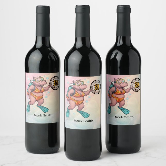 Hippo scuba diver 30th Birthday  Wine Label (Bottles)