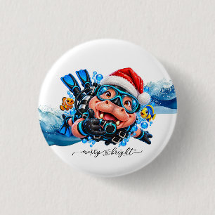 Hippo Scuba wears Santa hat for Christmas 3 Cm Round Badge