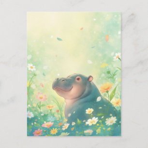 Hippo Smiling in Sunny Yellow Wildflower Meadow Postcard