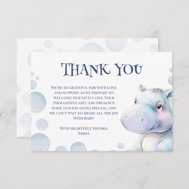 Hippo Themed Baby Shower  Thank You Card (Front/Back)