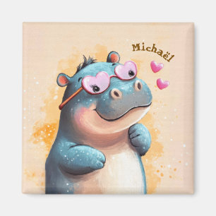 Hippo Valentine's Day Heart Badge Kids School Magnet