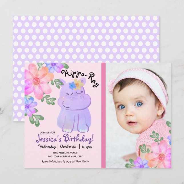 Hippo Watercolor Birthday Girly Floral Invitation (Front/Back)