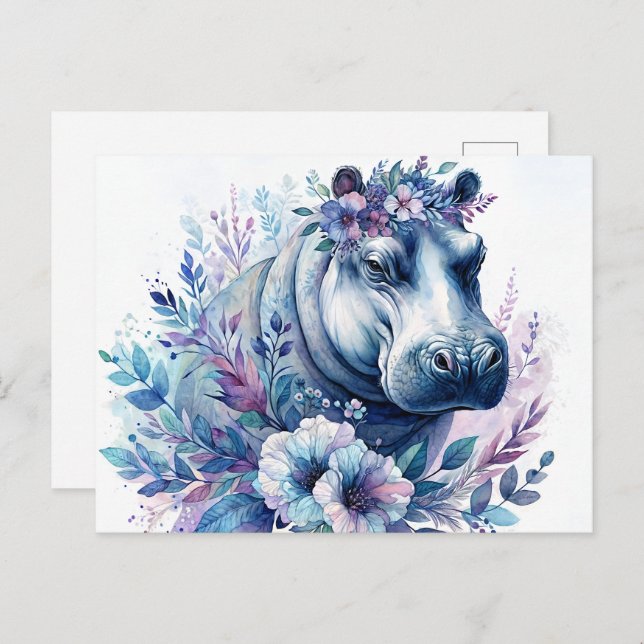 Hippo Watercolor Floral Art Postcard (Front/Back)
