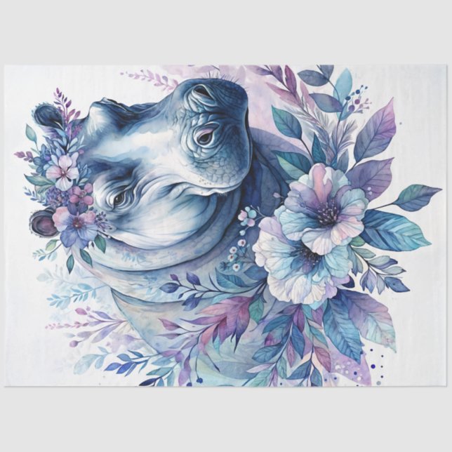 Hippo Watercolor Floral Art Tissue Paper (Front)