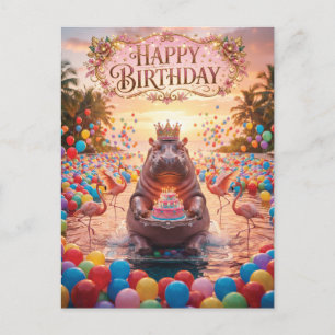 Hippo Wearing a Crown and Holding a Birthday Cake Postcard