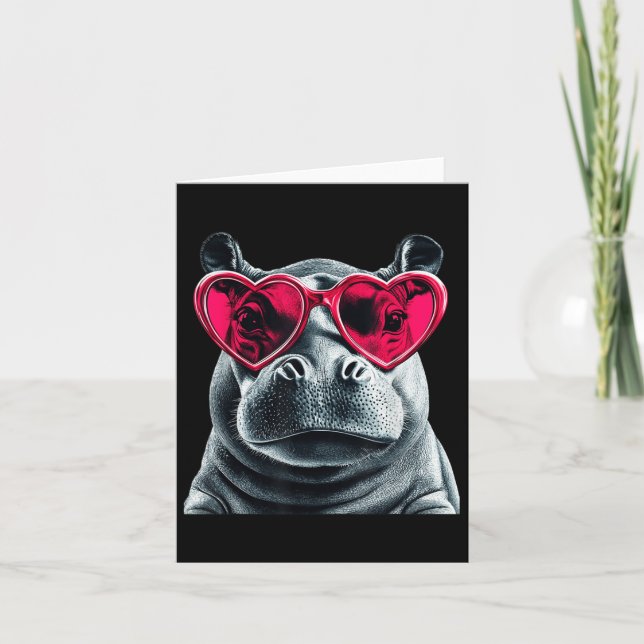 Hippo Wearing Gles Heart Valentines Day Hippopotam Card (Front)