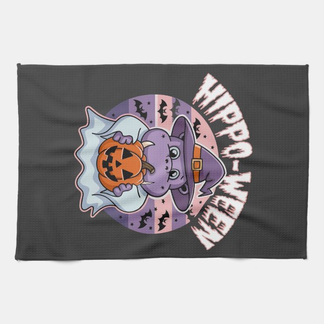 Hippo-ween Spooky Halloween Moo Deng Hippo Ghost Tea Towel (Horizontal)