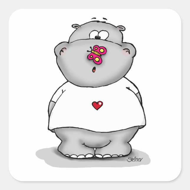 Hippo with Butterfly on his Nose Square Sticker (Front)