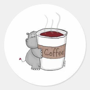 Hippo with Coffee Classic Round Sticker