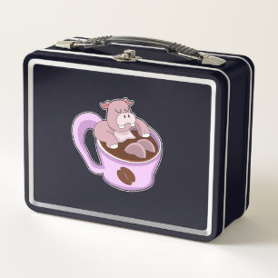 Hippo with Cup of Coffee Metal Lunch Box