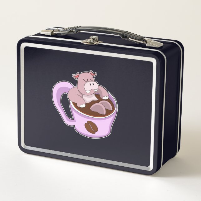 Hippo with Cup of Coffee Metal Lunch Box (Front)