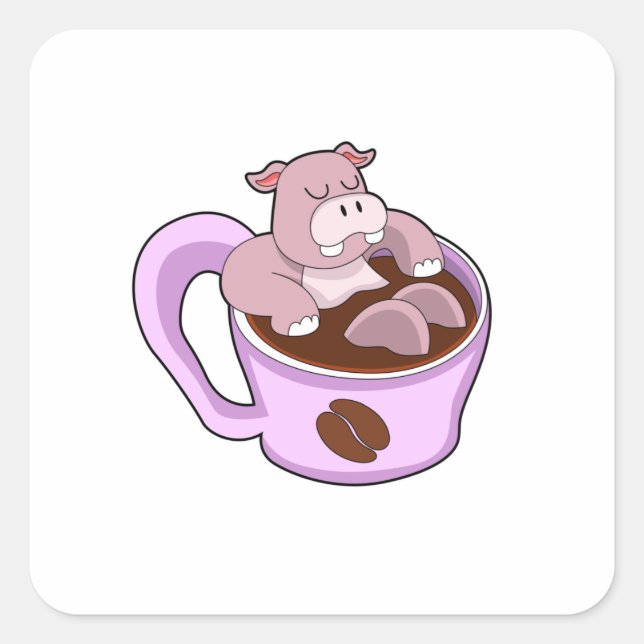 Hippo with Cup of Coffee Square Sticker (Front)