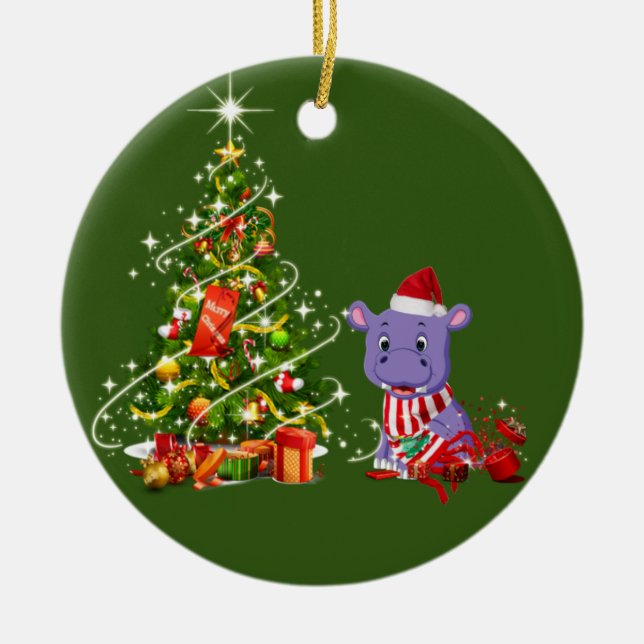 Hippo With Hat Scafts  Christmas Ceramic Tree Decoration (Front)