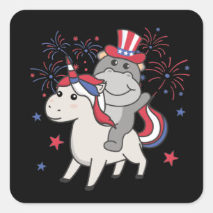 Hippo With Unicorn For Fourth Of July Fireworks Square Sticker