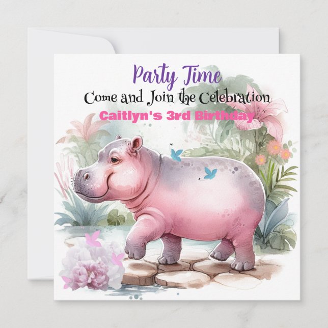 Hippopotamus and Butterfly Birthday Invitation (Front)
