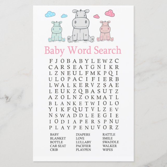 Hippopotamus Baby Shower Word Search Game (Front)