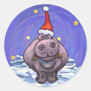 Hippopotamus Christmas Classic Round Sticker