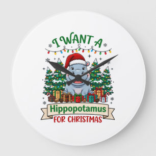 Hippopotamus Christmas Hippo Santa Hat Trees Prese Large Clock