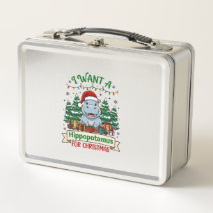 Hippopotamus Christmas Hippo Santa Hat Trees Prese Metal Lunch Box