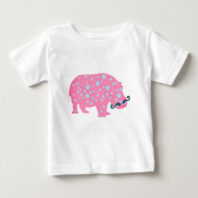 Hippopotamus Dots Moustacehs Baby Romper, White Baby T-Shirt (Front)