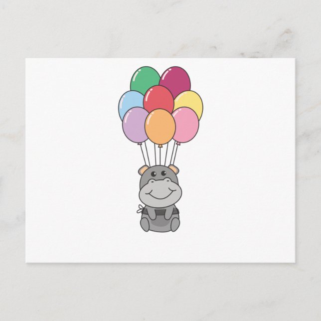 Hippopotamus Flies Up With Colourful Balloons Postcard (Front)