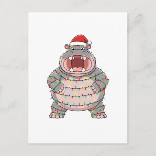 Hippopotamus Santa Hat Christmas Lights Funny Holiday Postcard