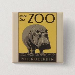 Hippopotamus Vintage WPA Zoo Poster Philadelphia 15 Cm Square Badge