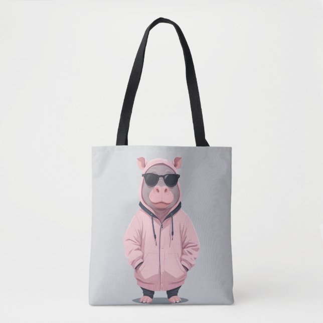 Hippopotamus Wearing Hoodie Funny Cool Animal Pop Tote Bag (Front)