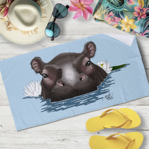 Hippopotamus White Lotus Blue Beach Towel