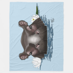 Hippopotamus White Lotus Blue Fleece Blanket