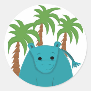 Hippopotamus with Palm Trees Classic Round Sticker