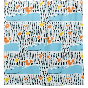 Hippos and birds in the lake seamless pattern vint shower curtain