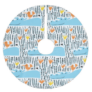Hippos Birds Lake: Vintage Pattern. Brushed Polyester Tree Skirt