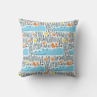 Hippos Birds Lake: Vintage Pattern. Cushion