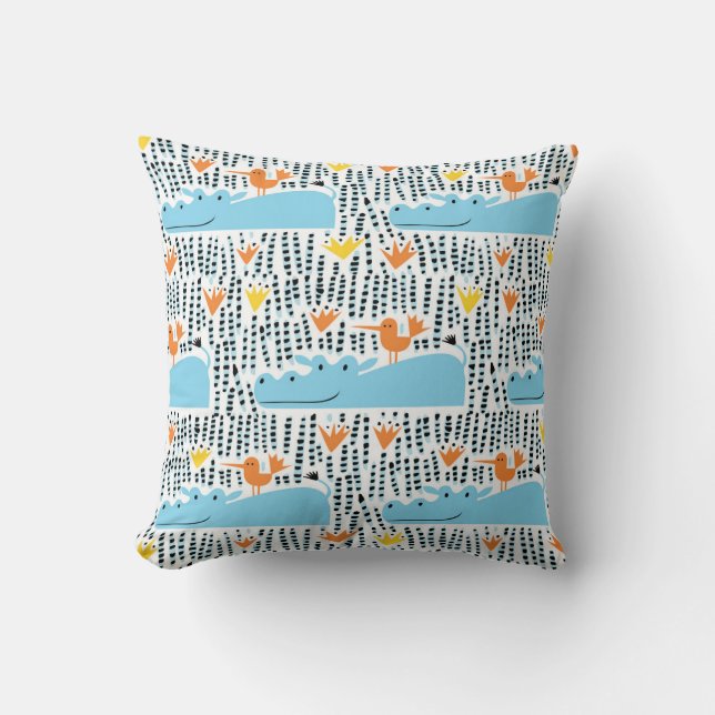 Hippos Birds Lake: Vintage Pattern. Cushion (Front)