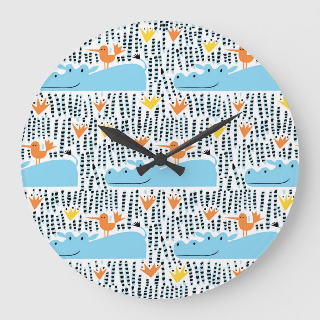 Hippos Birds Lake: Vintage Pattern. Large Clock (Front)