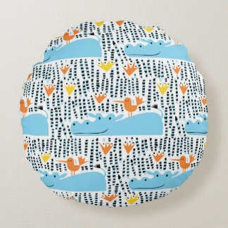 Hippos Birds Lake: Vintage Pattern. Round Cushion