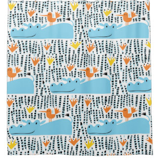 Hippos Birds Lake: Vintage Pattern. Shower Curtain
