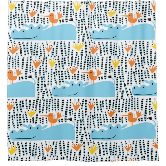 Hippos Birds Lake: Vintage Pattern. Shower Curtain (Front)
