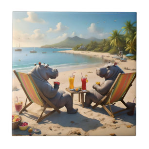 Hippos Having Cocktails On The Beach, Tile