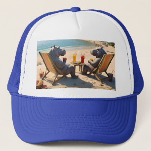 Hippos Having Cocktails On The Beach, Trucker Hat