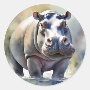 Hippo's Serene Waters A Watercolor Portrait Classic Round Sticker