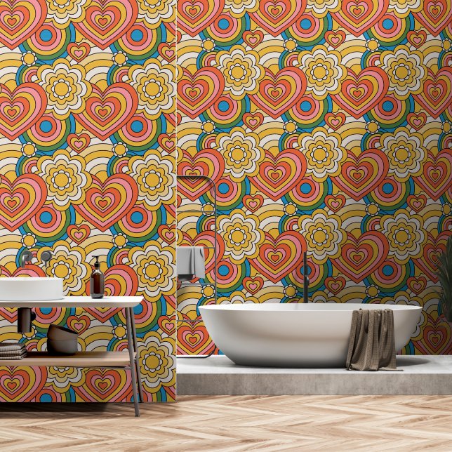 Hippy BoHo Hearts and Swirly Patterns Wallpaper (Bathroom)