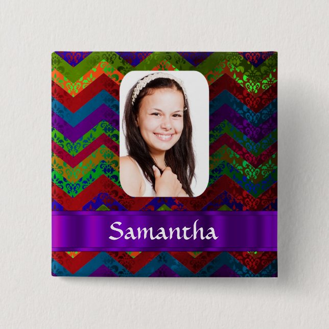 Hippy chevron personalised photo template 15 cm square badge (Front)