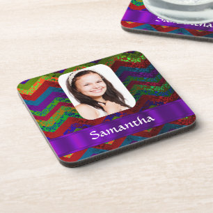 Hippy colour chevron personalised photo template coaster
