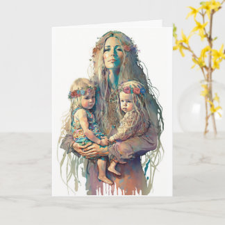 Hippy Mother & Twin Daughters, Mothers Day Card
