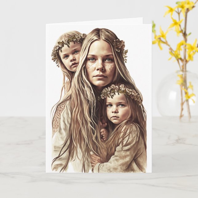 Hippy Mother & Twin Daughters, Mothers Day Card (Yellow Flower)