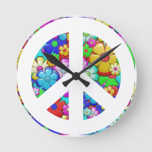 Hippy peace sign round clock