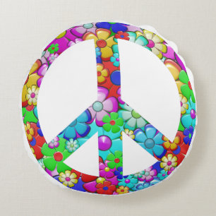 Hippy peace sign round cushion